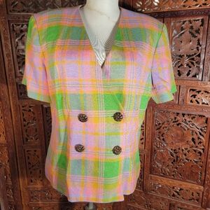 Vintage 90s Ports International Pink and Green Plaid Short Sleeve Blazer, 14